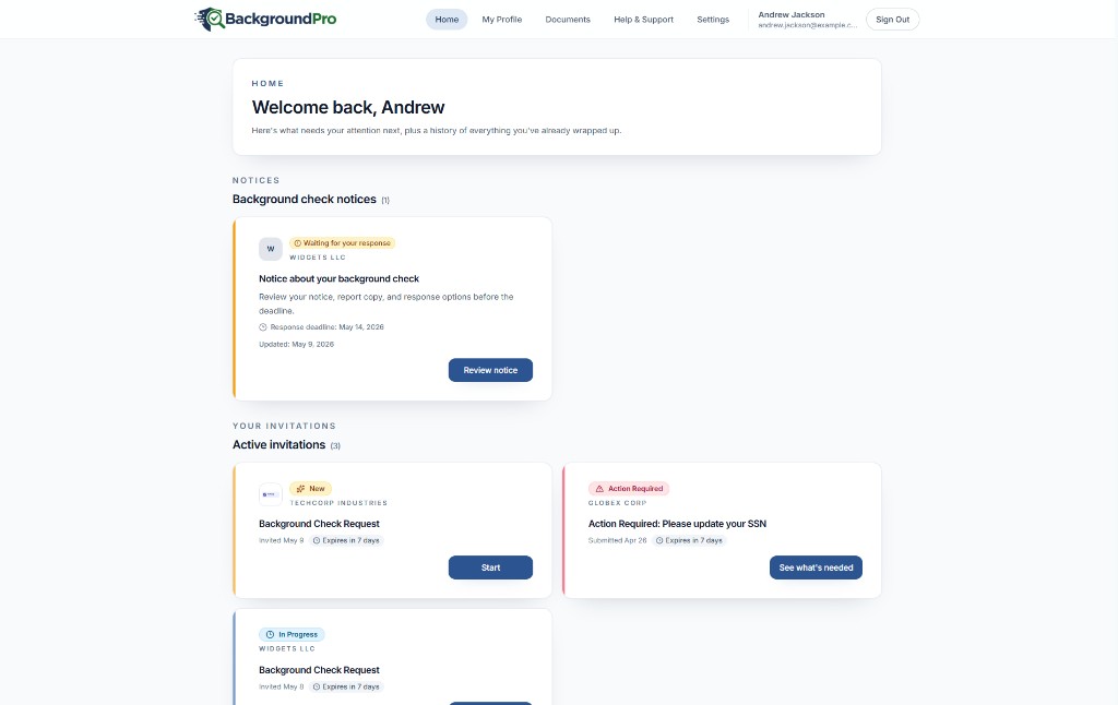 Candidate portal dashboard with active notices and background check invitations