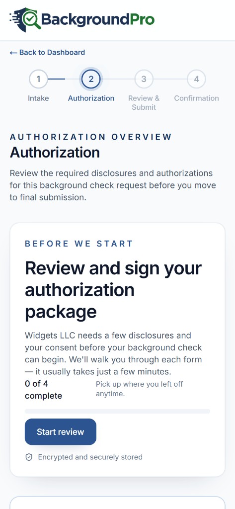 Candidate authorization review screen on mobile
