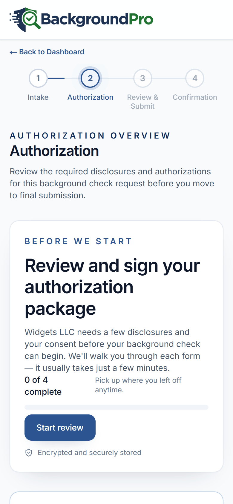 Mobile CandidatePortal authorization overview screen