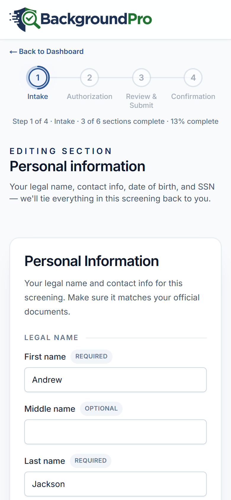 Mobile CandidatePortal personal information intake screen