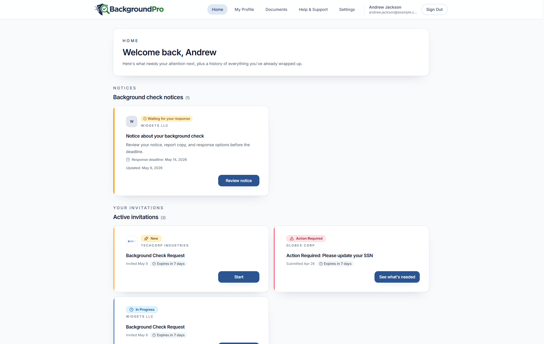 Candidate portal dashboard showing active invitations and screening history