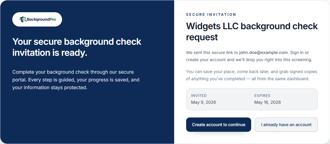 Candidate portal secure invitation screen for Widgets LLC