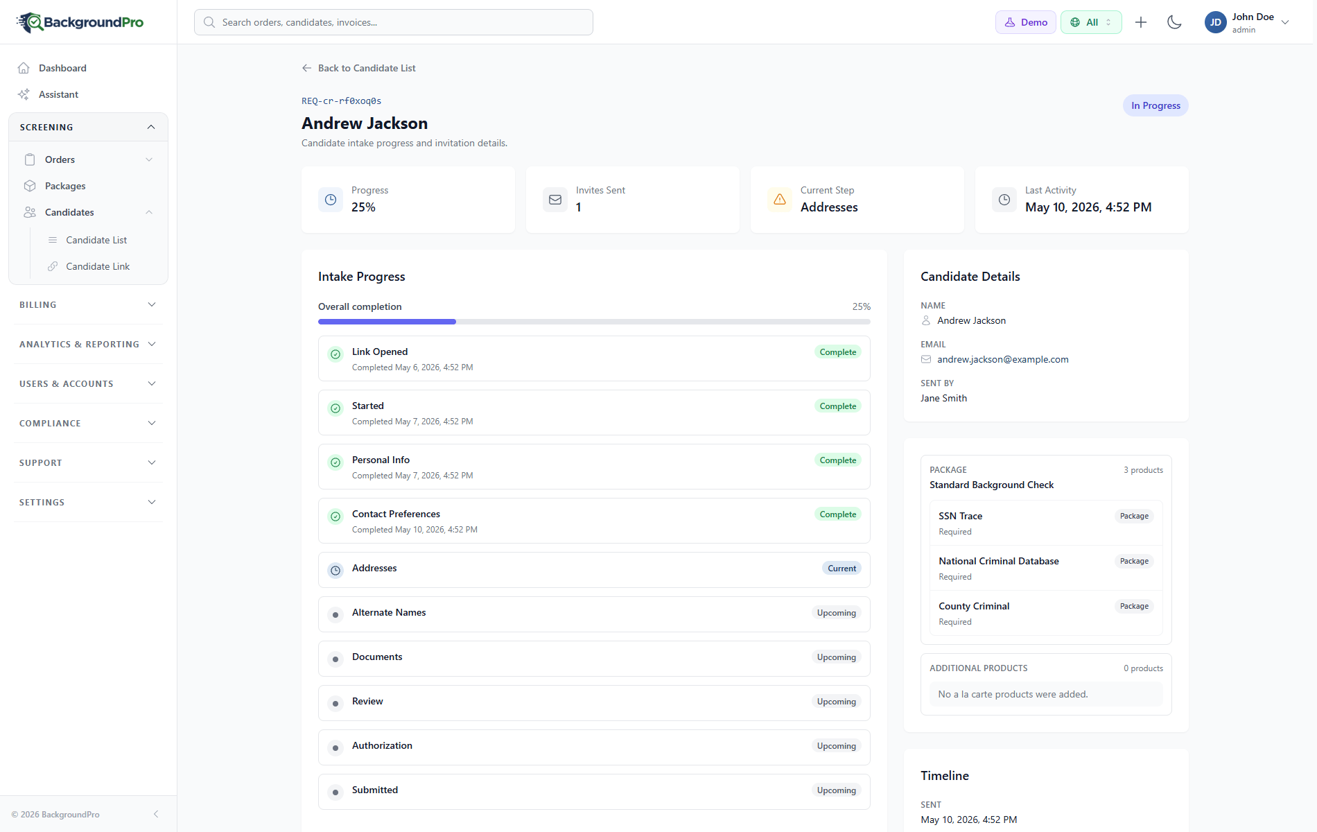 Client portal candidate request view showing completed and remaining intake steps